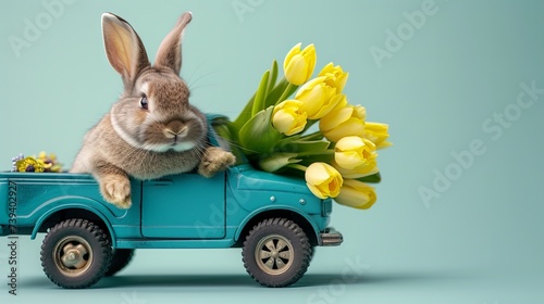 fluffy bunny in on a blue truck is carrying bouquet of yellow tulips, blue background, Easter greeting card