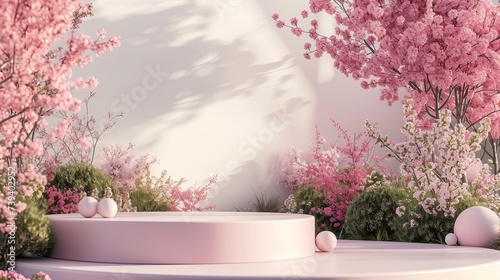 Abstract spring landscape scene with a podium for products and flowers .