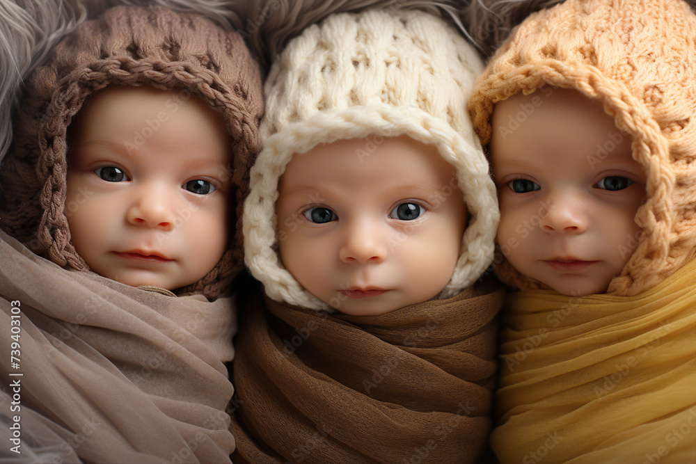 Generative AI portrait of little sweet infant newborn babies lying together Generative AI portrait of little sweet infant newborn babies lying together