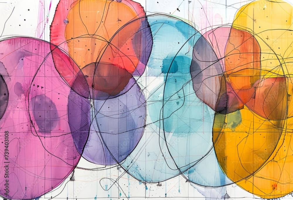 Fototapeta premium a watercolor of a colorful drawing of circles in the style of kinetic lines and curves Generative AI