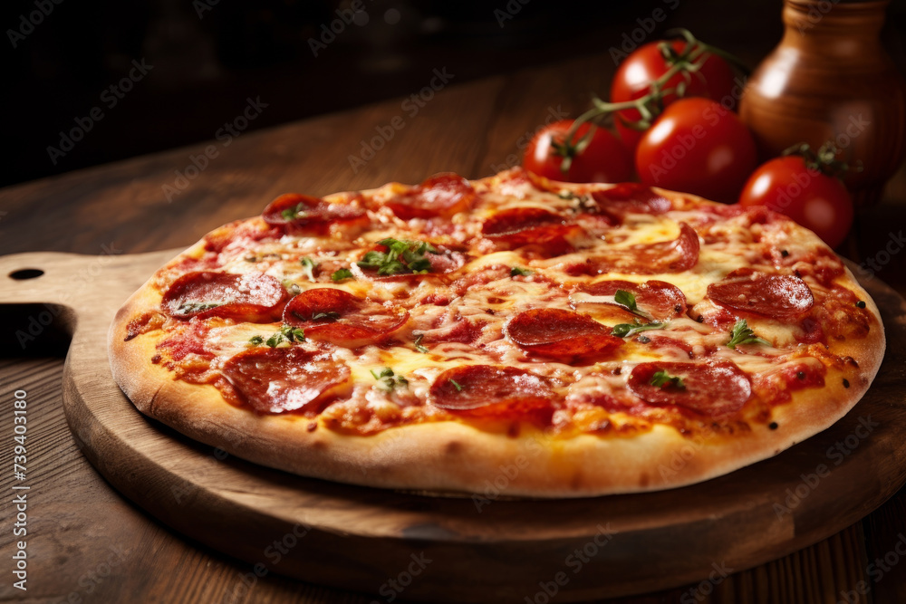 Fresh pizza with tomatoes on wooden plate