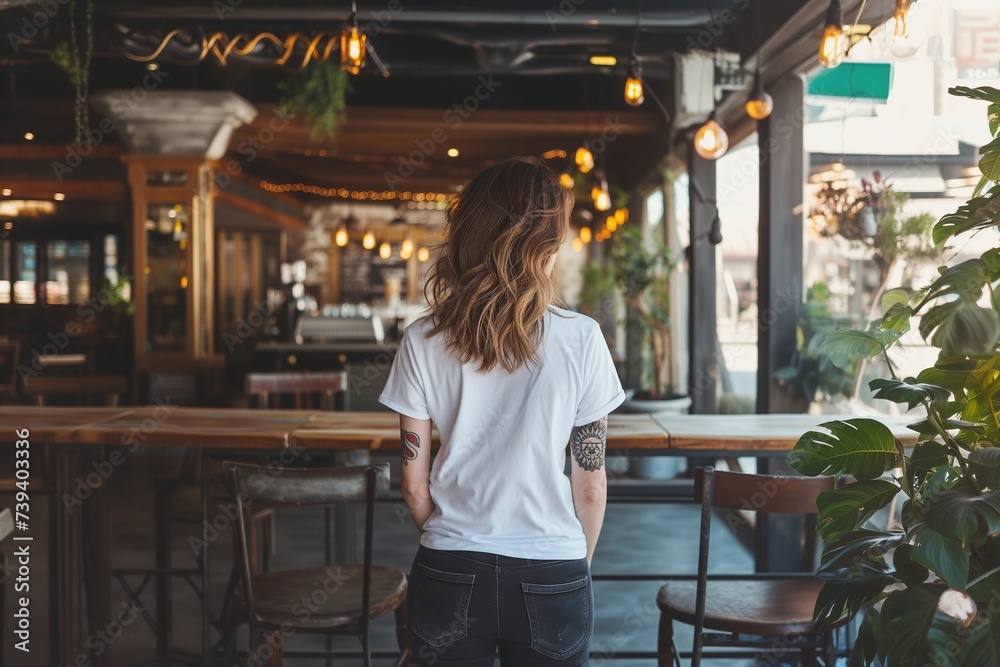 Rear view of a pensive woman in a casual white t-shirt, sitting alone in a cozy urban cafe adorned with warm string lights.