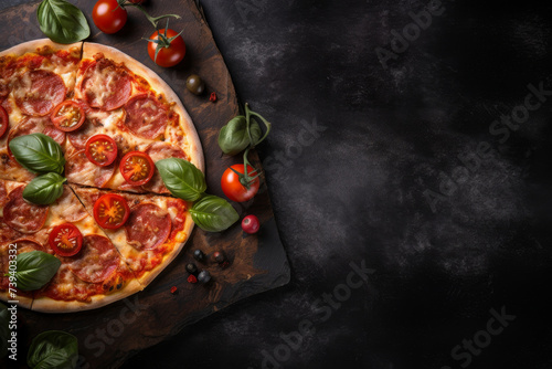 Top view of fresh pizza with copy space on dark marble table