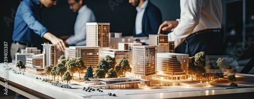 architect and real estate developer team working on new modern house apartment building complex project in office  close up of a building model