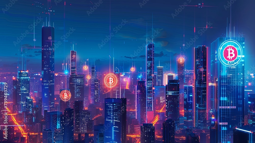 Digital illustration of bitcoin symbols towering over a futuristic cityscape at night, symbolizing the cryptocurrency's impact on modern finance. Bitcoin Influence on Night City Skyline

