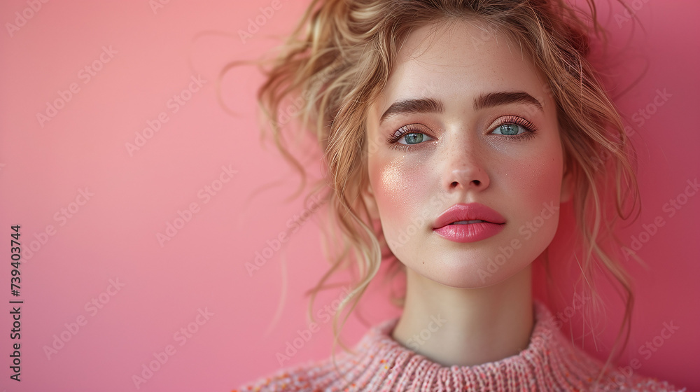 Portrait of a Woman with Natural Makeup, Pink Background, Fresh Beauty Look, portrait of a woman Portrait of a Woman with Natural Makeup, Pink Background, Fresh Beauty Look, portrait of a woman
