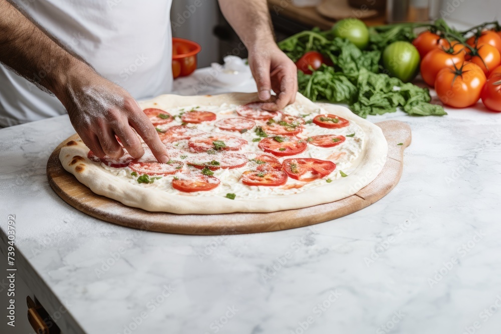Male chef prepares pizza on a marble table
