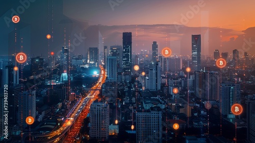 An artistic representation of bitcoin and cryptocurrency integrated within a bustling, modern cityscape during twilight. Cryptocurrency Concept in Urban Landscape