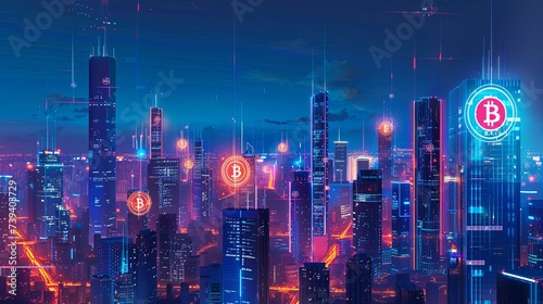 Digital illustration of bitcoin symbols towering over a futuristic cityscape at night  symbolizing the cryptocurrency s impact on modern finance. Bitcoin Influence on Night City Skyline  