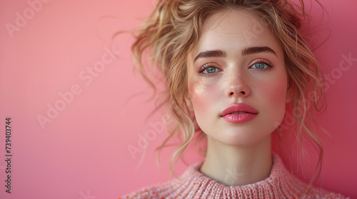 Portrait of a Woman with Natural Makeup, Pink Background, Fresh Beauty Look, portrait of a woman