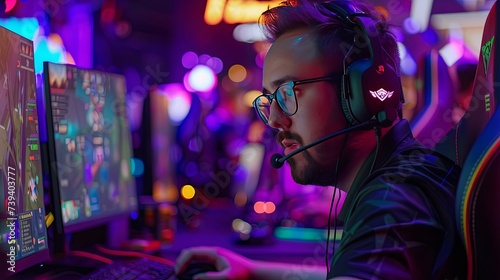 A professional gamer wearing headphones is fully engrossed in an esports competition, with a colorful blurred background of gaming monitors and event lighting. Professional Gamer Engaged in Esports C
