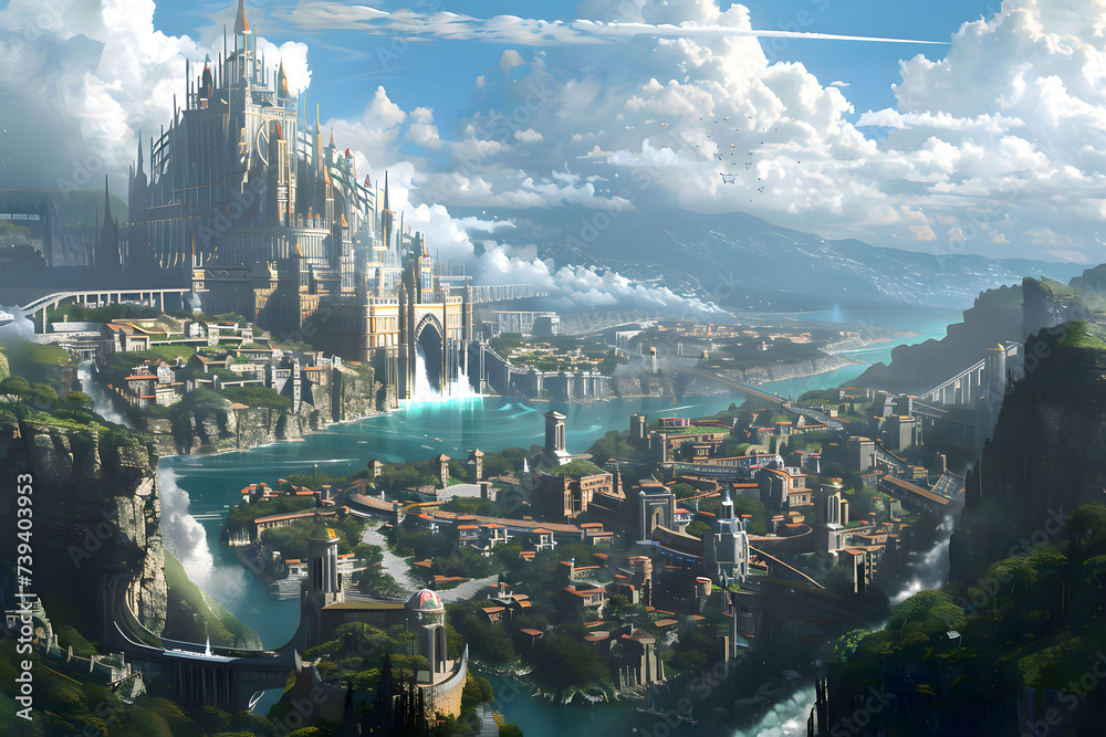 epic fantasy city built over a river, sky blue and cloudy in medieval and renaissance scene,  sunrays shine upon it - obrazy, fototapety, plakaty 