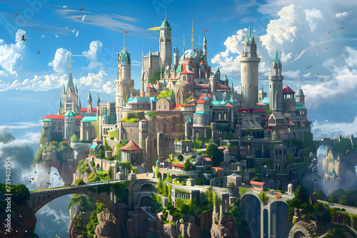  large fantasy castle atop the mountain of clouds, in the style of dynamic cityscapes, realistic and hyper-detailed renderings