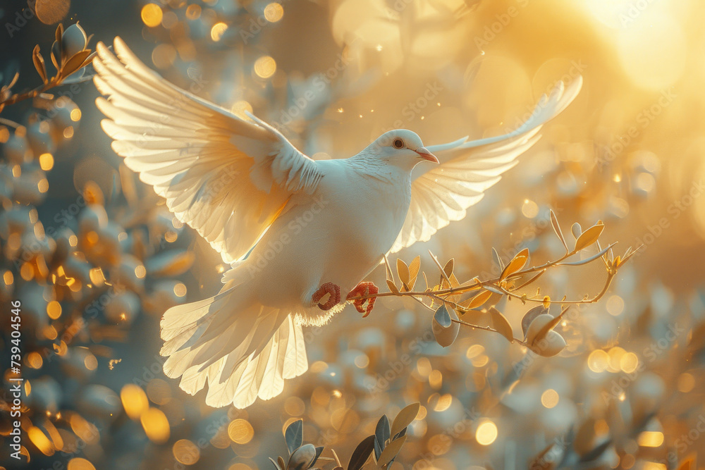White dove carrying a branch of olive leaves, beautiful simple bright light and lens flare blurred background. - obrazy, fototapety, plakaty 
