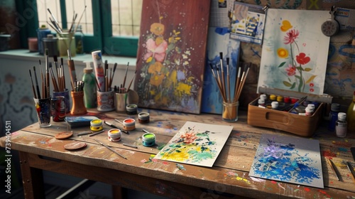 A creative workspace with a variety of paints, brushes, and stencils for designing artistic Father's Day and Mother's Day cards, emphasizing the hands-on process in realistic