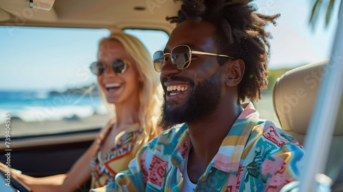 Smiling interracial couple driving by the beach