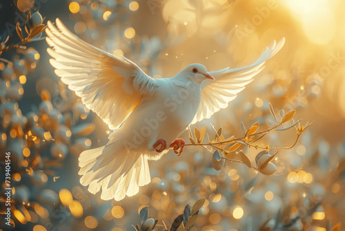 White dove carrying a branch of olive leaves, beautiful simple bright light and lens flare blurred background.