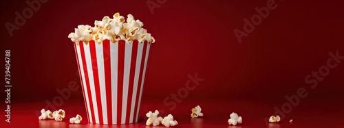 Delicious popcorn in a red striped carton box on a dark red background with copy space