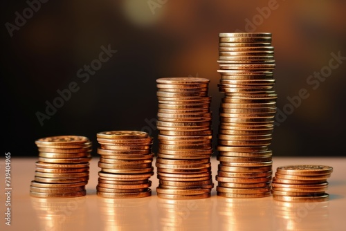 Stacks of golden coins on blurred background. Banking, economy, monetary, investment, finance concept