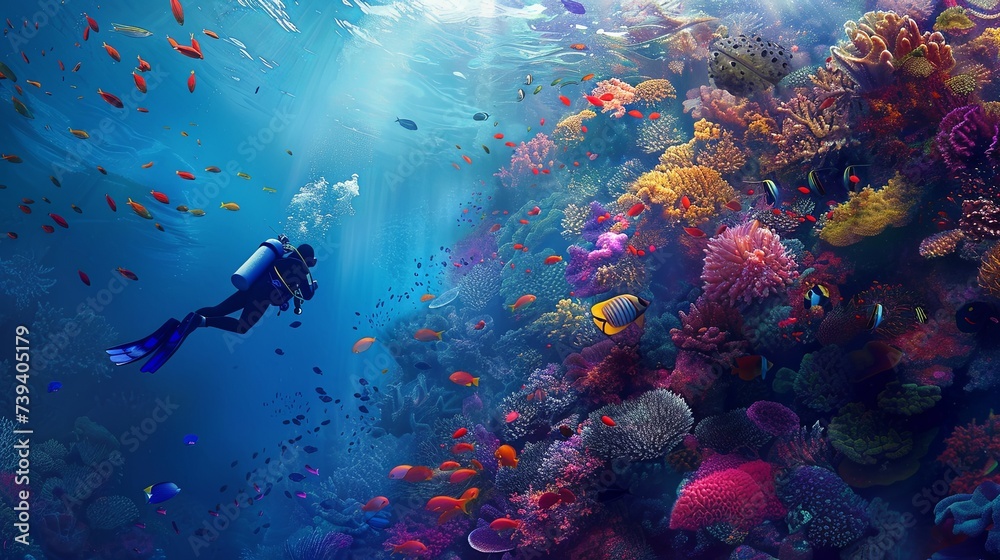 A lone scuba diver is enveloped by the sheer magnificence of a coral wonderland, with sunlight filtering through the vibrant underwater tableau of marine flora and fauna. Scuba Diver Amidst a Mesmeri
 - obrazy, fototapety, plakaty 