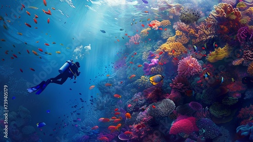 A lone scuba diver is enveloped by the sheer magnificence of a coral wonderland, with sunlight filtering through the vibrant underwater tableau of marine flora and fauna. Scuba Diver Amidst a Mesmeri 
