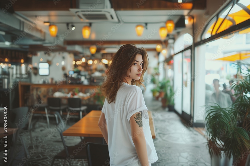 Rear view of a pensive woman in a casual white t-shirt, sitting alone in a cozy urban cafe adorned with warm string lights.