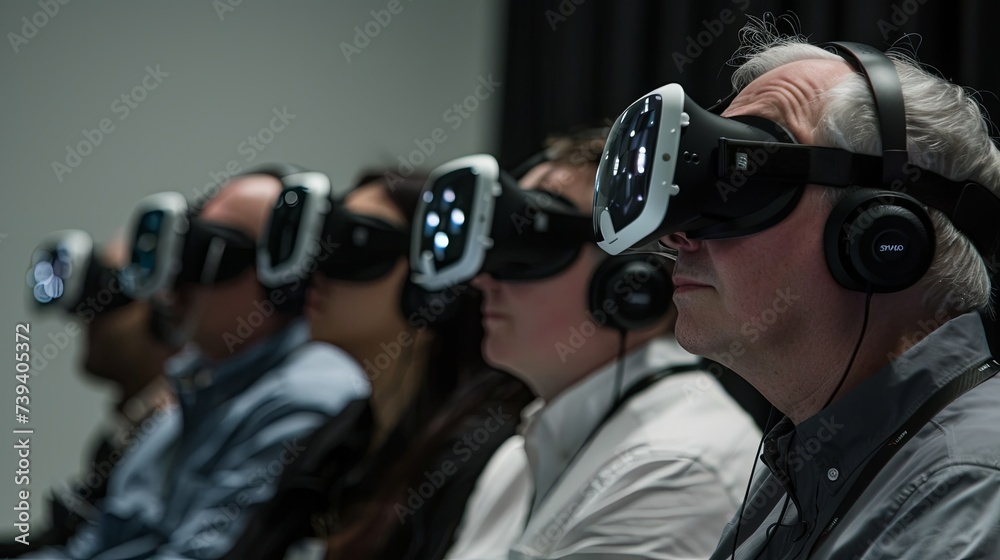 A diverse group of adults is seen participating in a virtual reality session, wearing VR headsets and headphones for an immersive group experience.
Adults Engaged in a Group Virtual Reality Experience A diverse group of adults is seen participating in a virtual reality session, wearing VR headsets and headphones for an immersive group experience.
Adults Engaged in a Group Virtual Reality Experience
