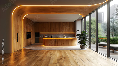 A minimalist kitchen. Wooden accent interior design. Created with generative AI.