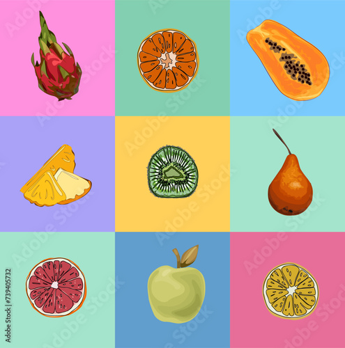 Fruit hand drawn icons vector set. Natural tropical and domestic fruits, citrus orange, lemon, grapefruit, apple, pear, kiwi. Illustration of colored slice and hole fruits for packaging, label design