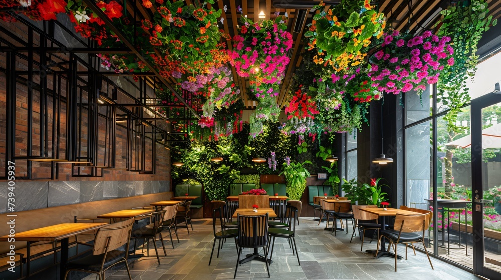 Cafe adorned with vibrant flowers offering a cozy and aromatic atmosphere for relaxation