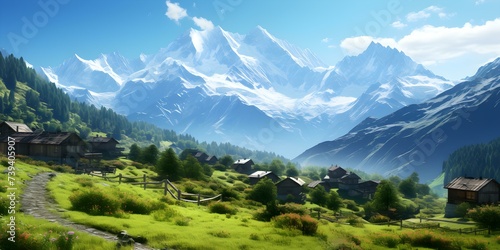 Serene Alpine village surrounded by mountains quaint homes and stunning vistas. Concept Mountain Village, Alpine Charm, Scenic Views, Quaint Homes, Serene Setting