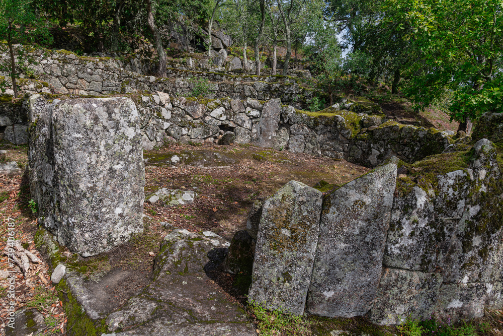 Overview of the ruins of a residential core of the acropolis of the Archaeological site of Citania de Briteiros. Guimarães, Portugal.