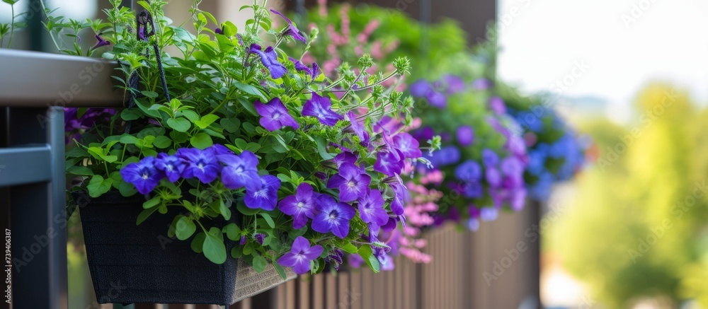 Colorful blooming flowers displayed in a charming hanging basket outdoors on a sunny day
