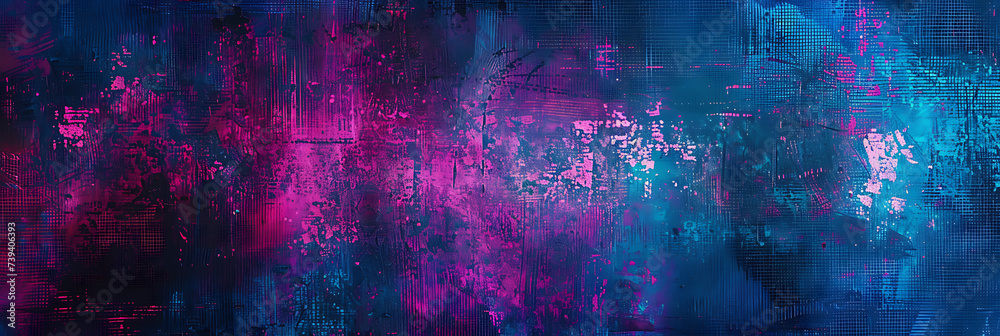 Enigmatic shades of dark blue, purple, and pink create a mysterious aura. Against a rough abstract background, bright lights and glow illuminate