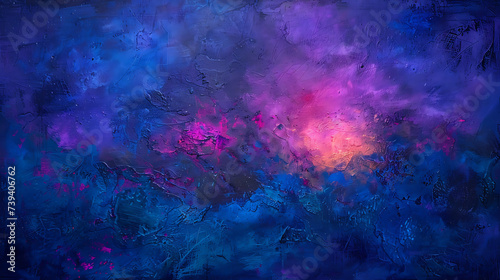 Enigmatic shades of dark blue  purple  and pink create a mysterious aura. Against a rough abstract background  bright lights and glow illuminate