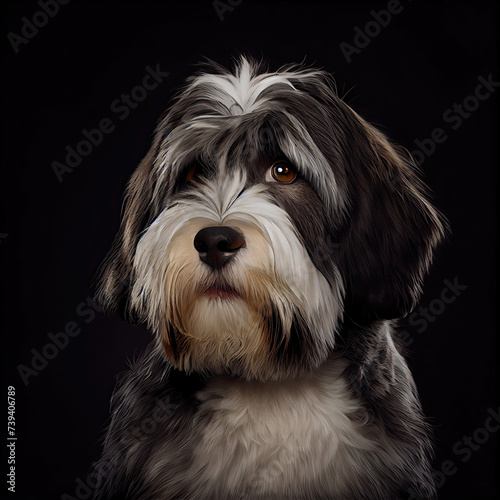 Elegant Schapendoes Dog Portrait on Black Studio Background photo