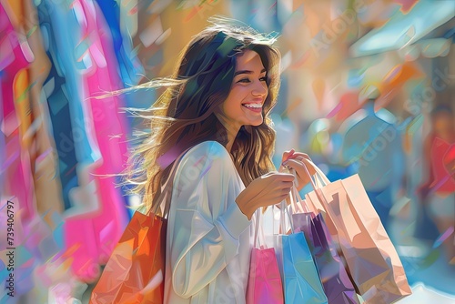 Ragazza sorridente mentre si avventura tra i negozi, portando con se una serie di borse piene di acquisti recenti photo