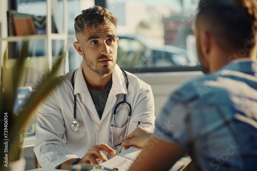 Medico professionista in uniforme medica bianca parla per discutere sintomi e da una raccomandazione a un paziente maschio e firma un documento medico durante una visita di appuntamento in clinica