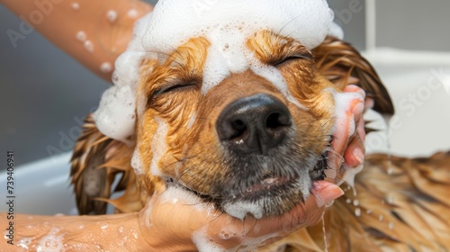 Cane viene lavato con cura durante una visita al salone di toelettatura photo