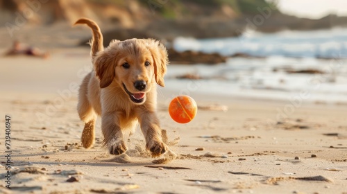 Adorabile cucciolo di golden retriever gioca con la palla sulla spiaggia photo