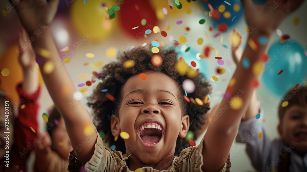 Child celebrates at party Child celebrates at party