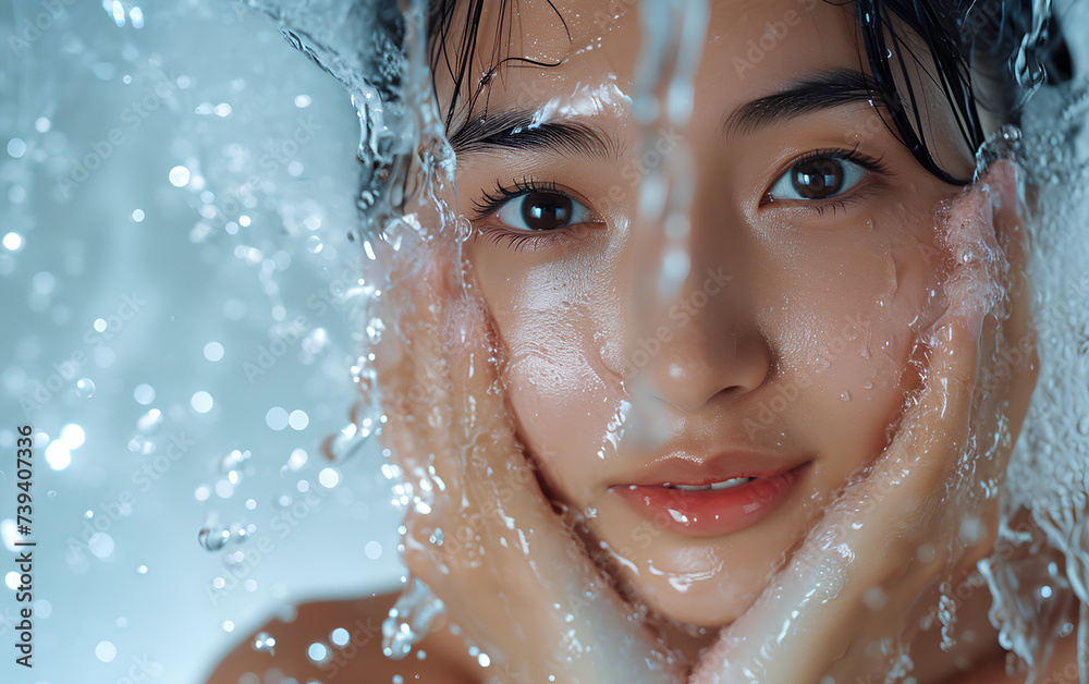 woman washing their face,Hydrating_Radiance_Closeup,model,cosmetic advetising 