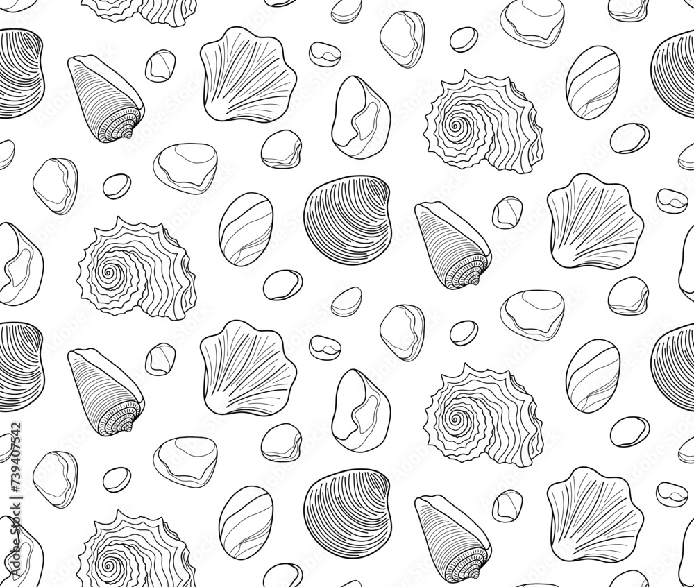 Seamless contour background with pebbles end shells, pattern with a variety of pebbles outline.