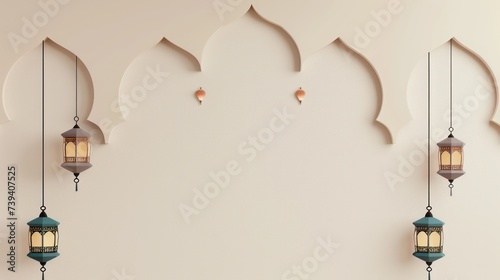 Islamic template design with a Ramadan Kareem background, featuring a simple hanging lanterns and generous space for text. photo