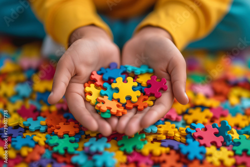 puzzles in the hands of a child as a symbol of autism, ребенок играет с красочной головоломкой