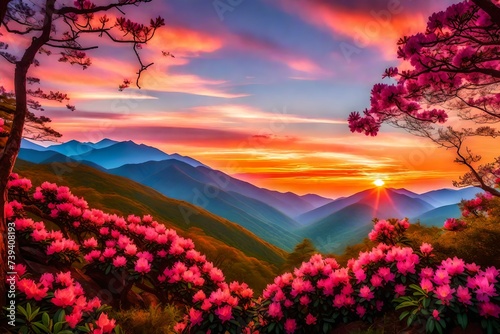 An enchanting view of the Great Craggy Mountains during the golden hour of a spring sunset, the landscape transformed by the blooming Catawba Rhododendron.