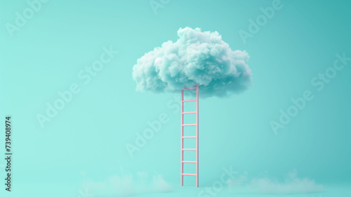 Ladder taking to the clouds on isolated blue background, minimalistic composition of a business success concept