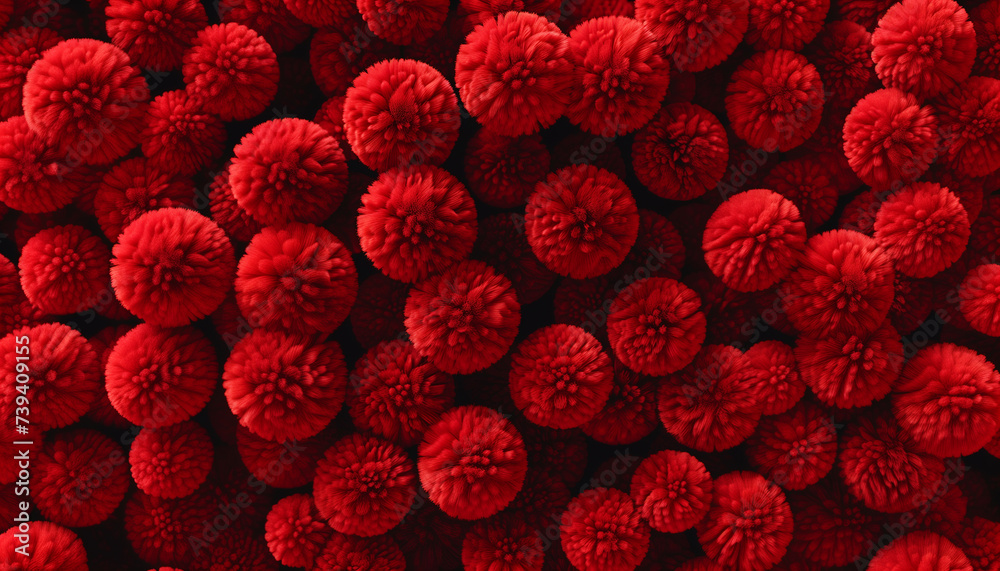 A vibrant field of red fluffy, round objects, closely packed to fill the entire view