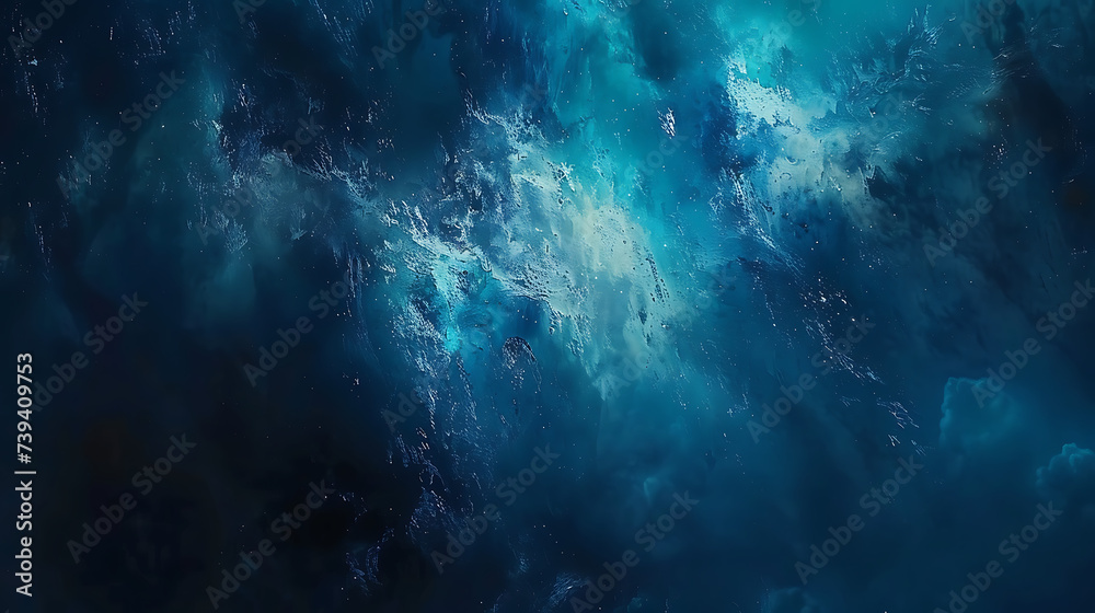 Rich shades of dark blue and teal create a serene atmosphere in this image. Against a rough abstract background, bright lights and glow illuminate the space - obrazy, fototapety, plakaty 