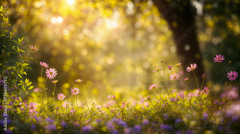 Fototapeta premium A sprawling field filled with an abundance of pink and purple flowers under a blue sky - Generative AI